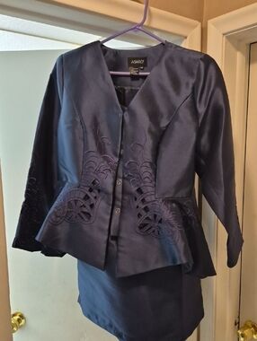 Ashro Navy Satin Embroidered Two-Piece Skirt Suit